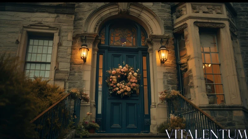 AI ART Enchanting Blue Door with Flower Wreath
