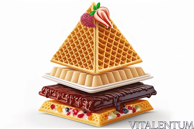 Exquisite Pyramid-Shaped Waffle with Chocolate and Fruits AI Image
