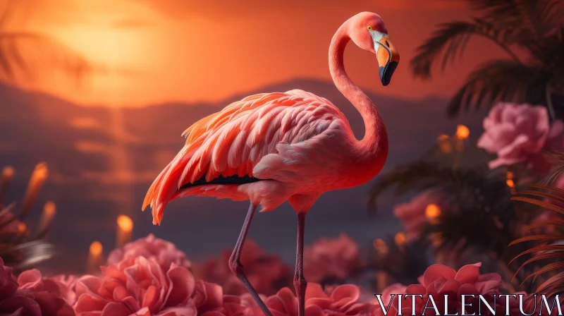 Graceful Flamingo in Pink Flower Field at Sunset AI Image