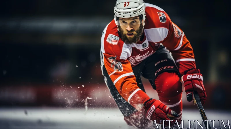 Intense Hockey Player Skating on Ice AI Image