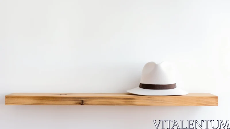 Minimalist White Fedora-Style Hat on Wooden Shelf AI Image