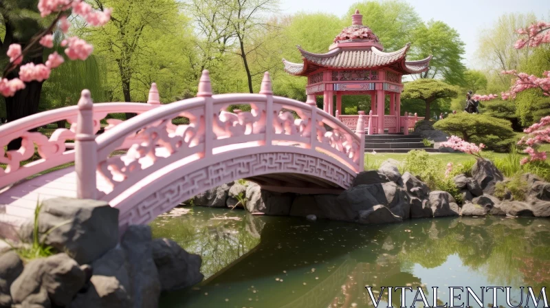 Tranquil Chinese Garden with Pink Bridge and Pavilion AI Image