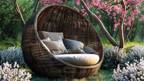 Tranquil Garden Scene with Wicker Hanging Chair