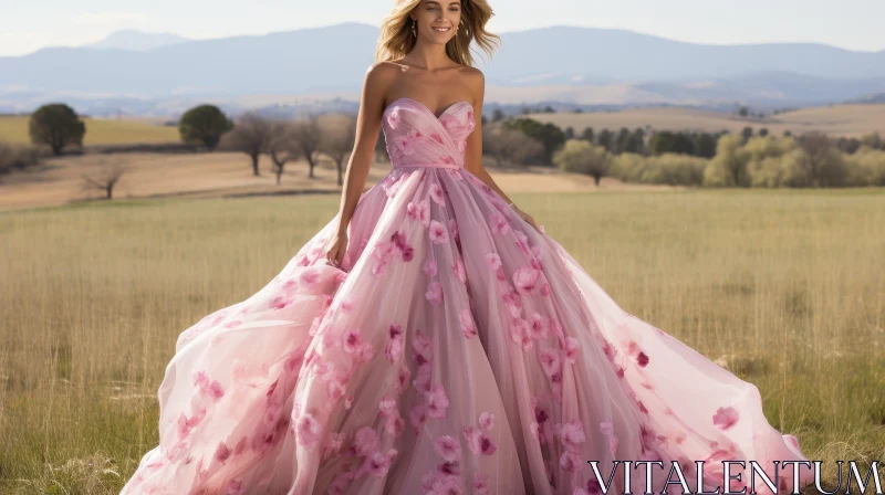 Young Woman in Pink Floral Ball Gown Standing in Field AI Image