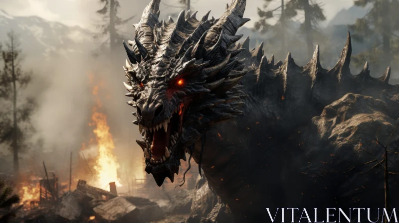 Black Dragon Digital Painting in Forest Fire Black Dragon Digital Painting in Forest Fire