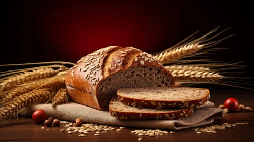 Bread and Wheat Still Life: Simple Elegance in Dark Red Background