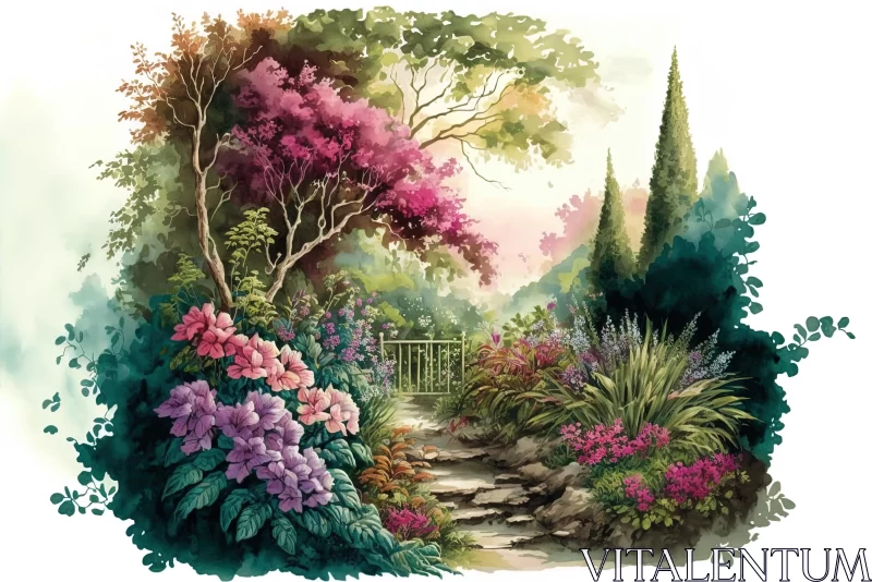 Delicate Watercolor Painting of a Majestic Garden Scene AI Image