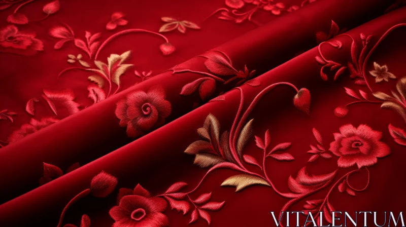 AI ART Elegant Red Fabric with Floral Embroidery