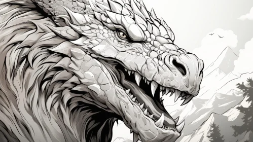 Intriguing Dragon Head Drawing in Monochrome