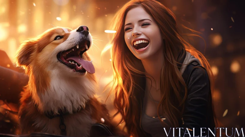 Joyful Woman with Red Hair Standing with Dog AI Image