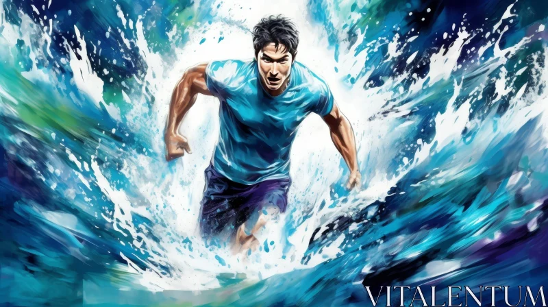 AI ART Man Running in Water - Determined Athlete in Action