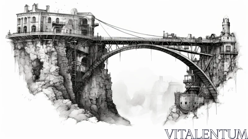 Metal Bridge Drawing in Mountainous Landscape AI Image