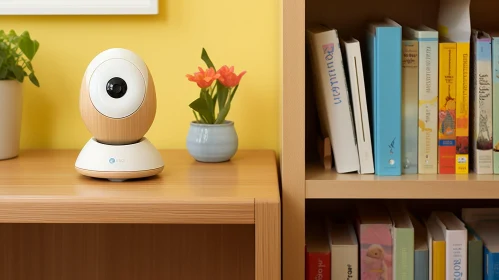 Modern Baby Monitor on Wooden Table with Orange Flowers and Books