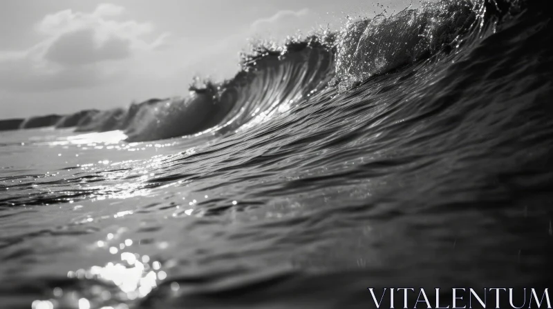 Powerful Wave Crashing on Shore - Black and White Photo AI Image