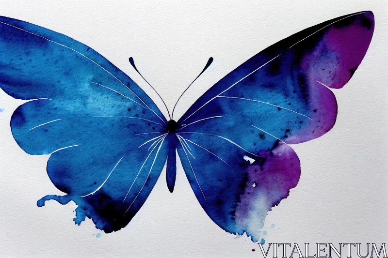 Blue and Purple Butterfly Watercolor Painting - Minimalist Ink Wash Style AI Image