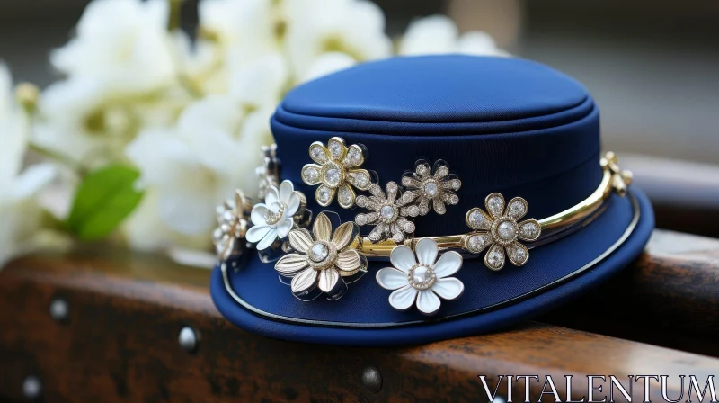 Blue Hat with Flower Brooches on Wooden Surface AI Image