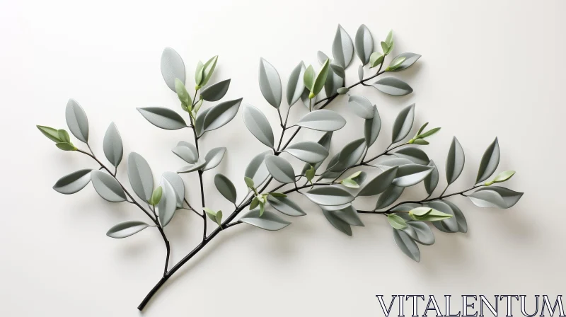 AI ART Botanical 3D Rendering: Dark Brown Branch with Light Grey Leaves