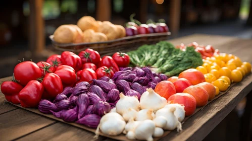 Colorful Freshly Harvested Vegetables Displayed on Wooden Table