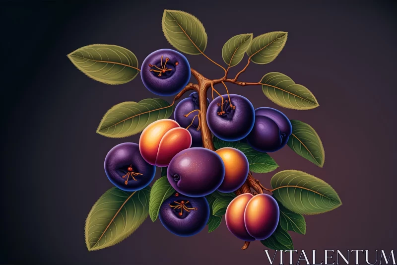 Dark and Foreboding Plums Illustration on Branch | Colorful Woodcarvings AI Image