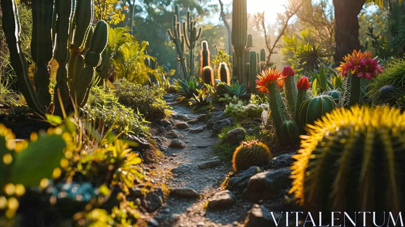 Desert Botanical Garden Path with Cacti and Sunlight AI Image