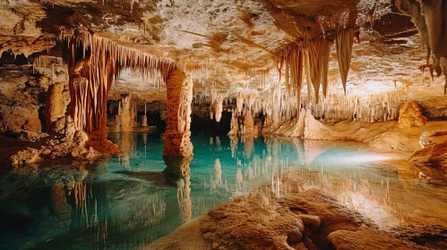Enchanting Cave with Blue Lake and Stalactites