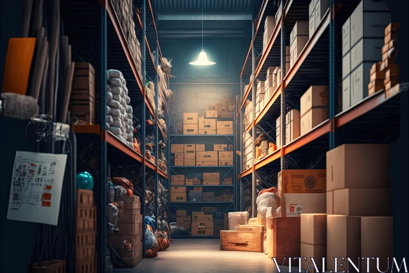 Realistic Still Life of a Warehouse Filled with Boxes and Bins AI Image