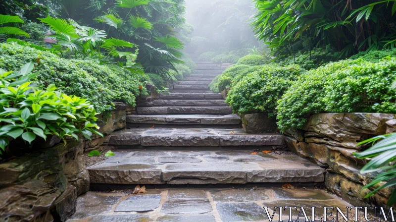 Serene Stone Staircase in Lush Green Garden AI Image