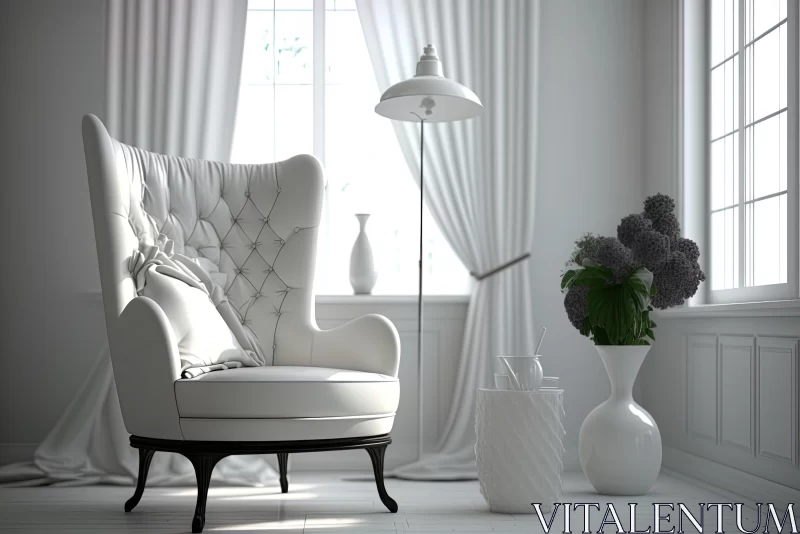 Serene White Wing Chair in a Monochromatic Room AI Image