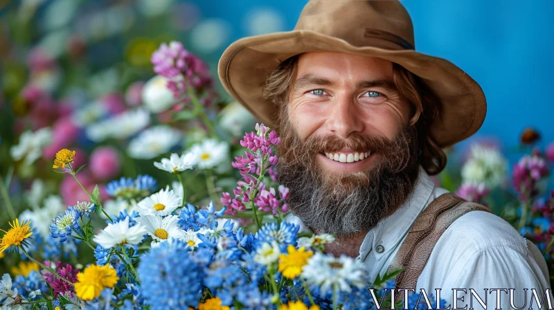 Smiling Man in Field of Flowers with Bouquet AI Image