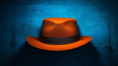 Stylish Orange Fedora Hat on Blue Background