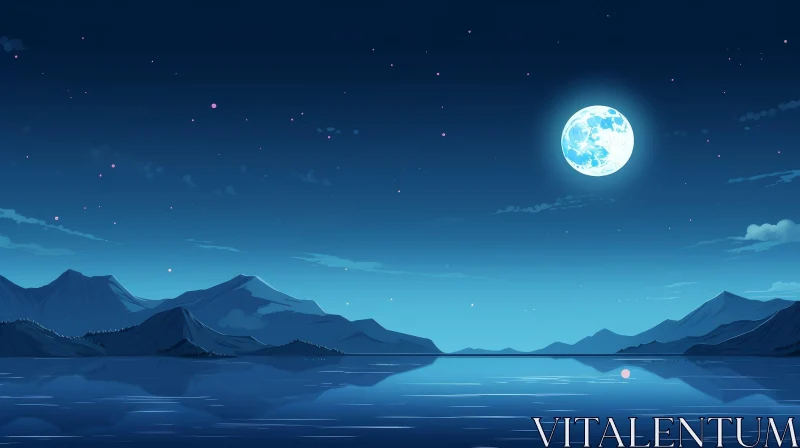 Tranquil Azure Night Landscape with Moonlit Mountains AI Image