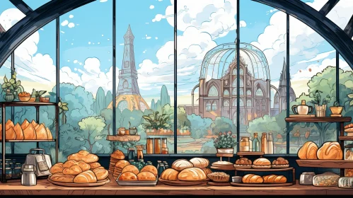Urban Bakery Cityscape with Sunlight and Pastries