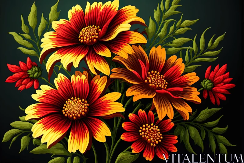 Vibrant Red and Yellow Flowers on Black Background - Colored Cartoon Style AI Image