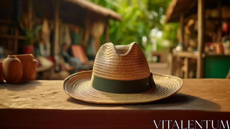AI ART Brown Straw Hat on Wooden Table - Outdoor Close-up Shot