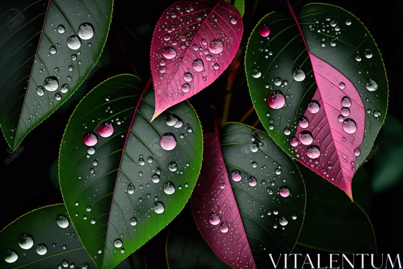 Enchanting Pink and Green Leaves with Water Drops - Photorealistic Nature Photography AI Image