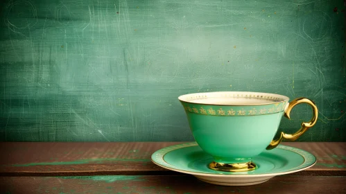 Green Teacup on Wooden Table - High Angle Shot