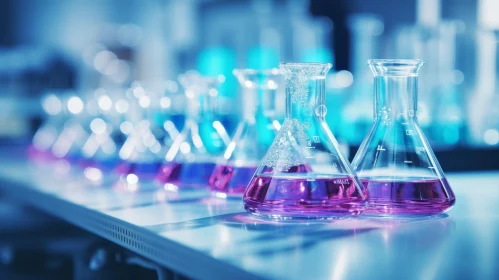 Laboratory Erlenmeyer Flasks: Pink Liquid on White Table