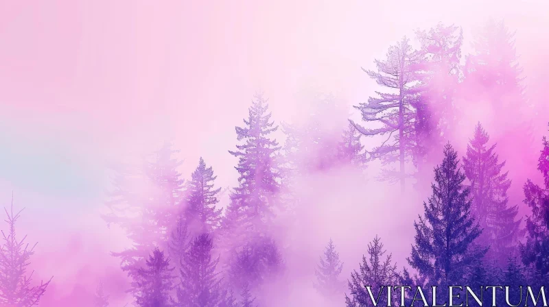 Majestic Forest Landscape with Purple Fog AI Image