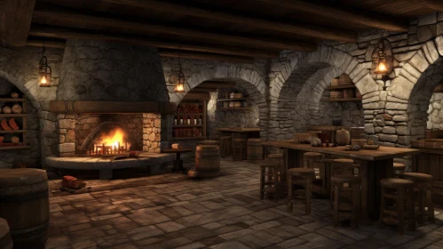 Medieval Stone Tavern 3D Rendering with Fireplace and Lanterns