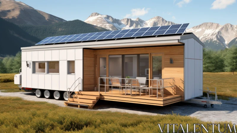 Modern Tiny House on Wheels in Mountain Setting AI Image