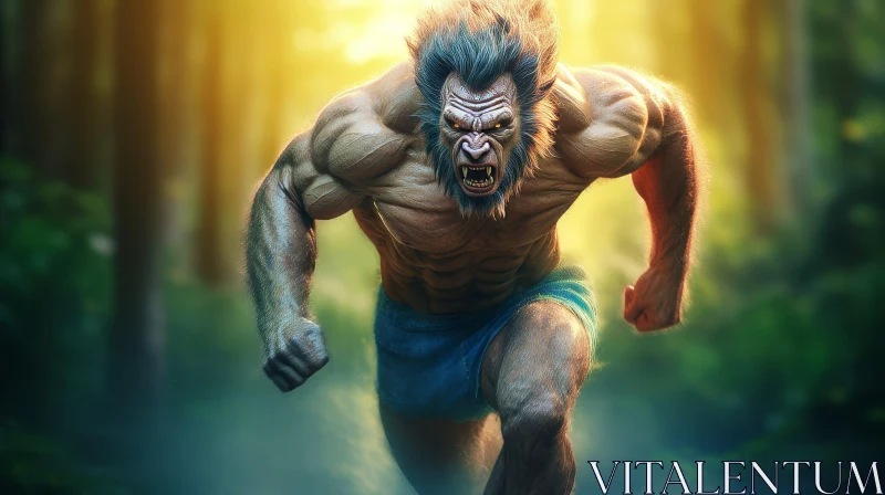Muscular Werewolf Running Through Forest AI Image