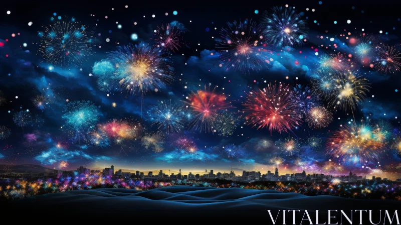 AI ART Night Cityscape with Colorful Fireworks - Urban Landscape View