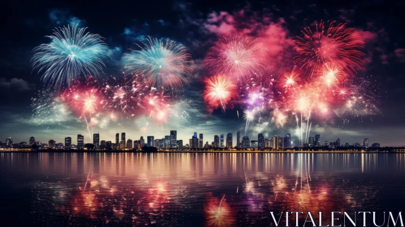 Night Cityscape with River and Fireworks AI Image