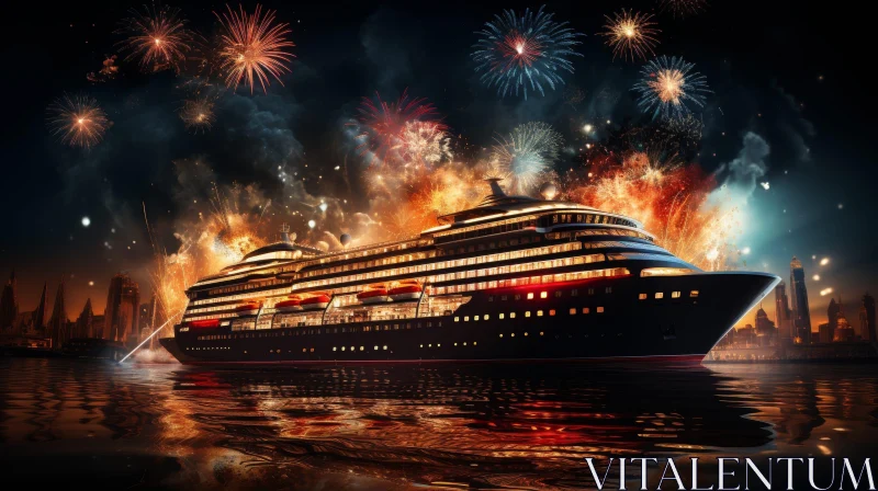 Night Cruise Ship Fireworks Display AI Image
