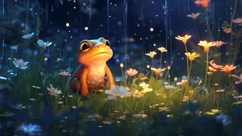 Orange Frog in Flower Field Under Light Rain
