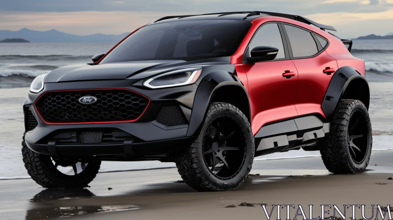 Red Bydgo Tucson Concept SUV Driving on the Beach - Pop-Culture Infused Hyperrealism AI Image