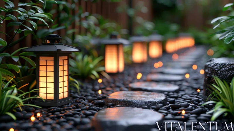 Serene Japanese Garden with Glowing Lanterns AI Image