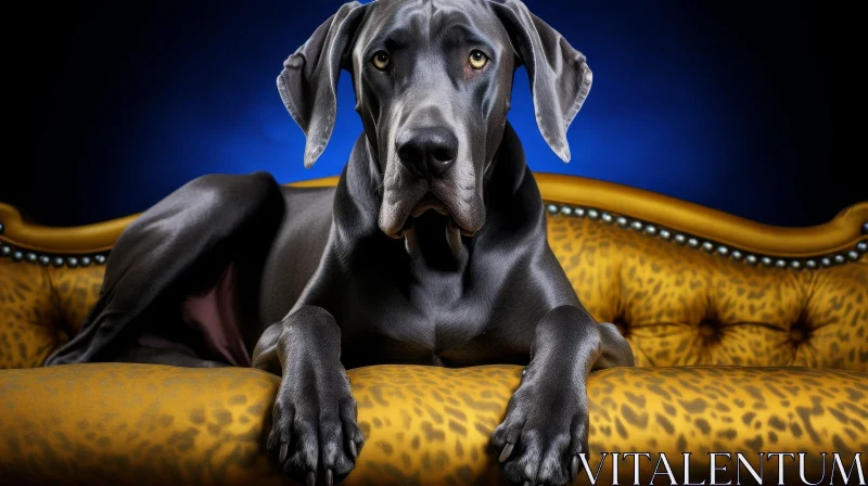 Serious Great Dane Dog on Yellow Sofa AI Image