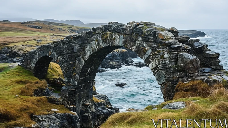 Stone Arch Bridge Over Water - Mysterious Landscape AI Image
