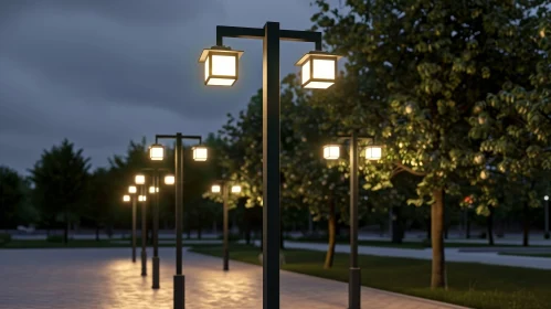 Tranquil Night Park Scene with Trees and Street Lamps